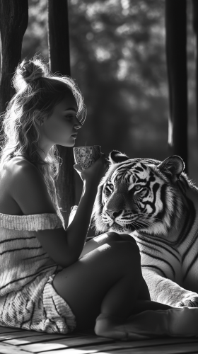 Image of girl with tiger on porch, highest quality.
