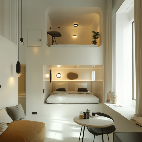 Image of stylish 1K room with bed and chair. Image of stylish 1K room with bed and chair.