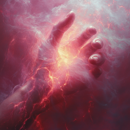 Image: Hand on fire in red and magenta mist.