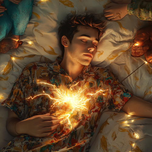 Image: Sleeping student superhero emits calming glow, affects others' sleep.