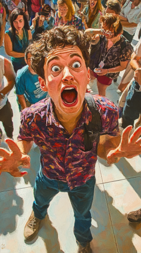 Impatient person anxiously waits in crowded, comical scene.