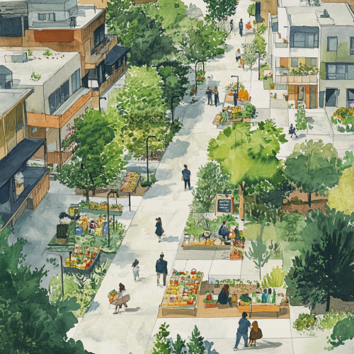 In Future City, People Gather in Green Urban Setting