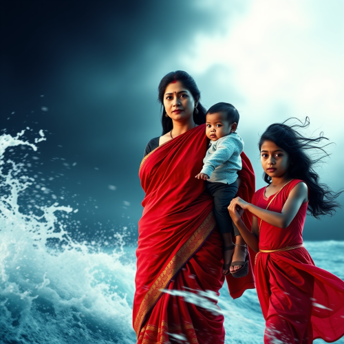 Indian Woman Braving Stormy Sea with Children