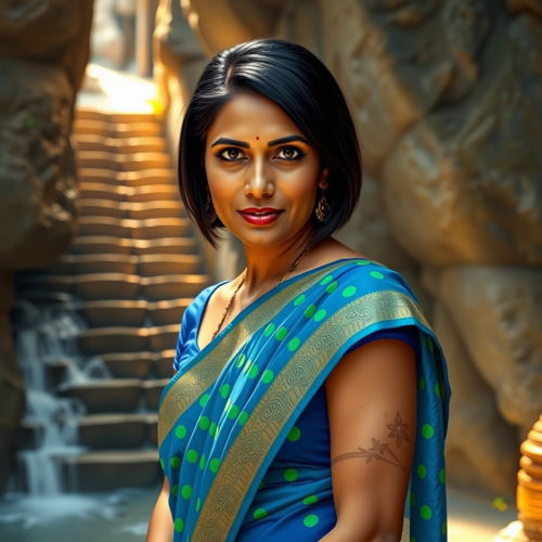 Indian Woman by Ancient Waterfall Staircase in Saree