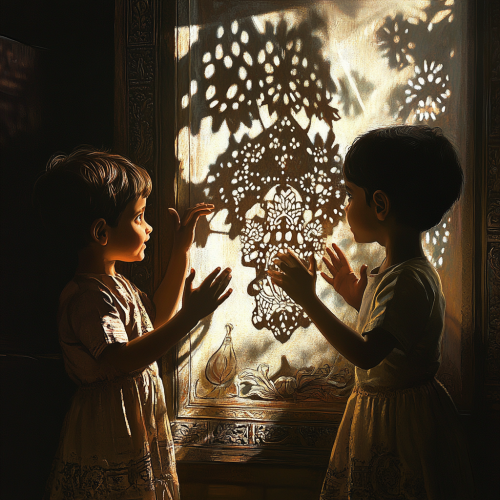 Indian children joyfully play with shadow puppets