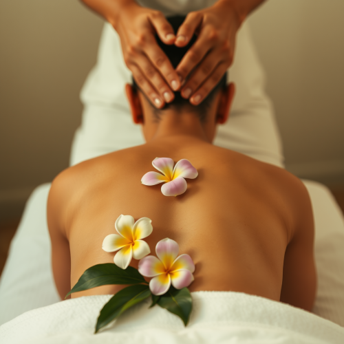Indian hands giving Ayurvedic back massage with flowers.