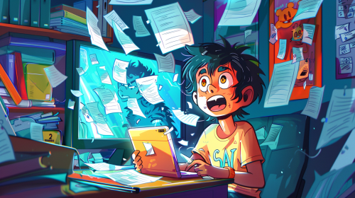 Indian teen boy, playing video games, surprised by SAT monster.