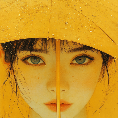 Indian woman in casual clothes under yellow umbrella in rain.