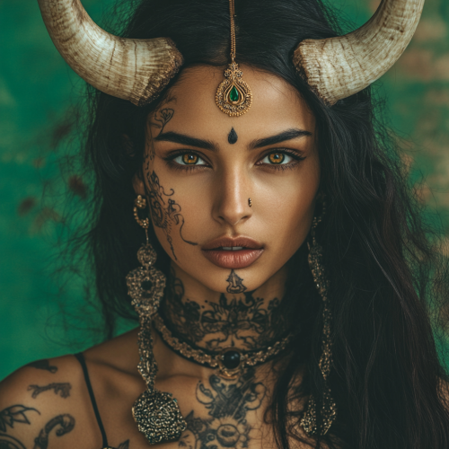 Indian woman, golden eyes, horns and face tattoos