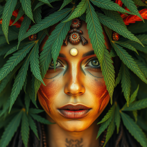 Indigenous Female Amidst Trippy Hemp Leaves Characters