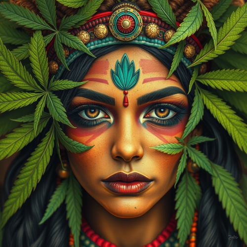 Indigenous Mexican Woman Amidst Trippy Hemp Leaves Indigenous Mexican Woman Amidst Trippy Hemp Leaves