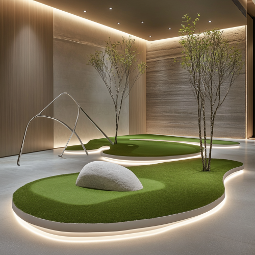 Indoor putting green with sleek, modern sculptures