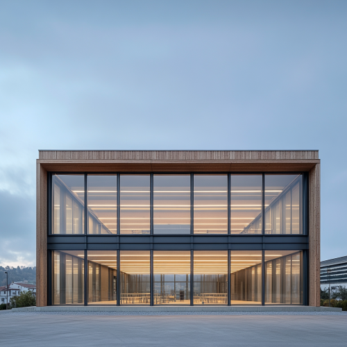 Industrial Hall Office with Wood, Glass, Aluminium Facade