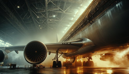 Industrial airplane turbine engine testing in cavernous hangar. Industrial airplane turbine engine testing in cavernous hangar.