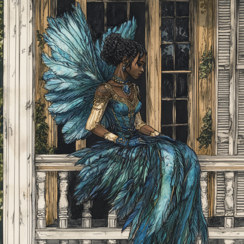 Ink Drawing of Dark-Skinned Harpy Southern Belle Woman