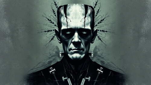Inked Frankenstein's monster: eerie, symmetrical design with darkness.