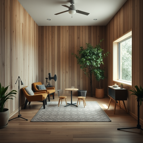 Inside a modern podcast studio in a tree.