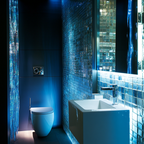 Inside a modern small bathroom with backlit mirror.