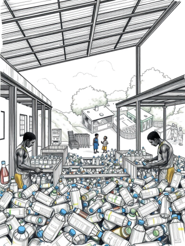 Inside a recycling center with kids playing outside.