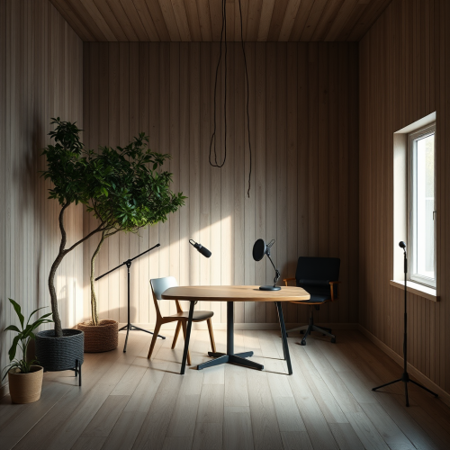 Inside a treehouse, modern podcast studio without equipment.
