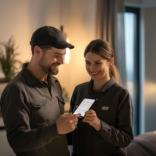 Installer shows client completed work on smartphone