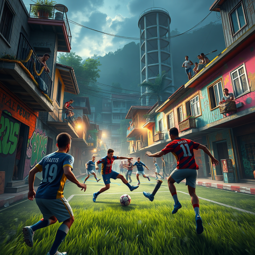 Intense Street Football Game in Vibrant Brazilian Favela Intense Street Football Game in Vibrant Brazilian Favela