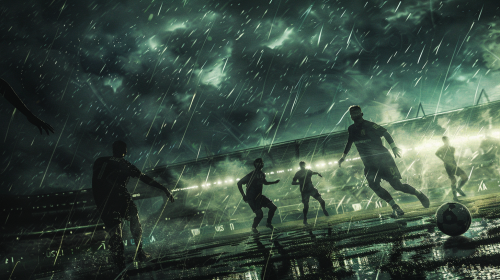 Intense clash for Golden Ball in stormy stadium flashback.