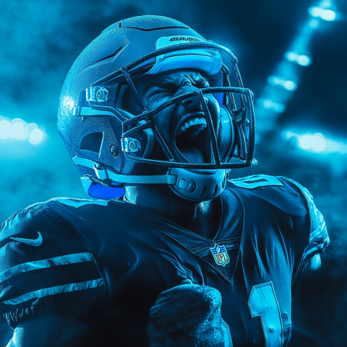 Intense football player in neon lights with fog. Intense football player in neon lights with fog.