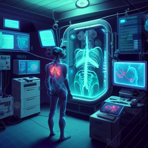 Intensive care with hi-tech room, doctors monitor patient.