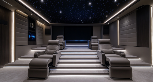 Interior photo of home cinema with starry ceiling, leather chairs, LED lights, large screen.