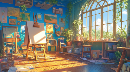 Interior scenes, Ghibli style, artist's studio brimming with creativity.