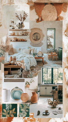 Interiors and decor moodboard with warm tones, boho style. Interiors and decor moodboard with warm tones, boho style.