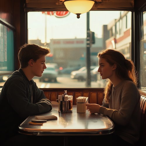 Intimate moment in cozy diner booth, nostalgic lighting Intimate moment in cozy diner booth, nostalgic lighting