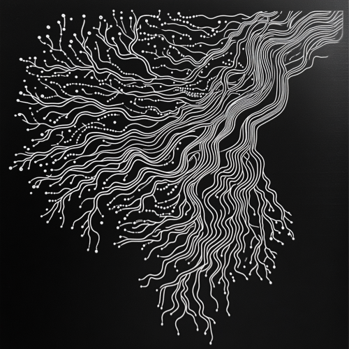 Intricate black and white blockchain tree design.