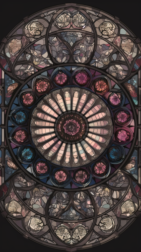 Intricate gothic stained glass rose window in dark pastels. Intricate gothic stained glass rose window in dark pastels.