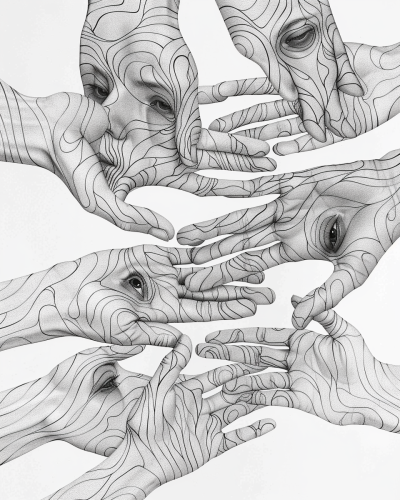 Intriguing black and white intertwined human forms