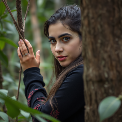 Iranian Woman Beside a Tree in Jungle