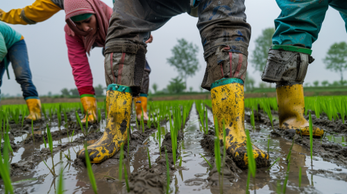 Iranian farmers plant rice seeds in grasslands field.