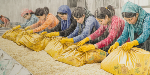 Iranian women workers sketching, neatening rice in factory.
