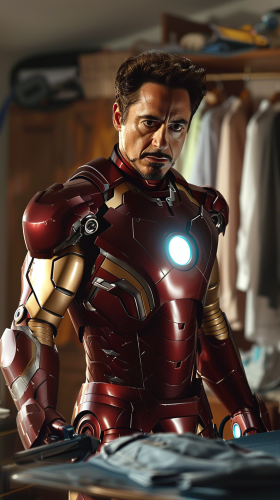 Iron Man ironing shirt in modern bedroom, humorous contrast.