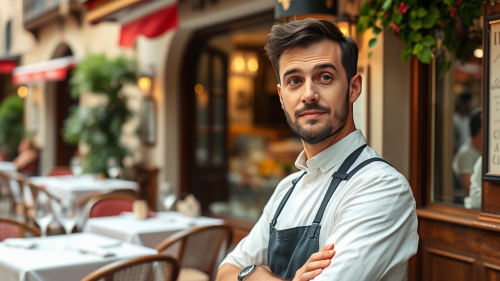 Italian Waiter's Quizzical Look Near a Restaurant Italian Waiter's Quizzical Look Near a Restaurant
