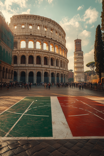 Italian basketball court with flag, Colosseum, traditional clothing.