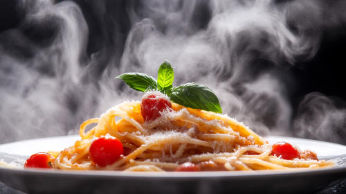 Italian spaghetti pasta with sauce, tomatoes, basil, parmesan, steam at traditional restaurant.