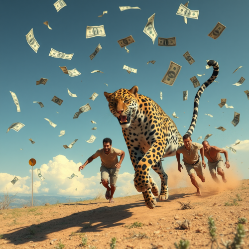 Jaguar Chasing Men Scattering Dollars in Sky