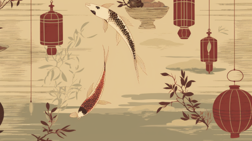 Japanese Bamboo, Koi Fish, Lanterns in Sandy Scene