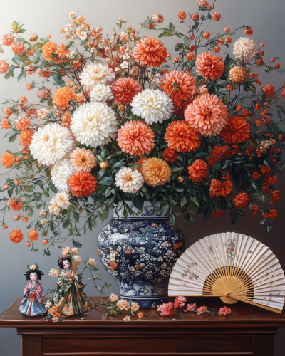 Japanese Flowers in Ikebana Style Tray with Geisha