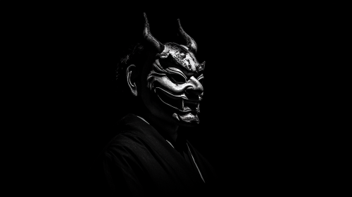 Japanese Hannya mask in center on black background