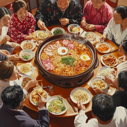Japanese Men and Women Enjoying Ramen Together