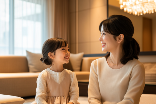 Japanese Mother and Daughter in Elegant Living Room