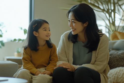Japanese Mother and Daughter in Modern Home